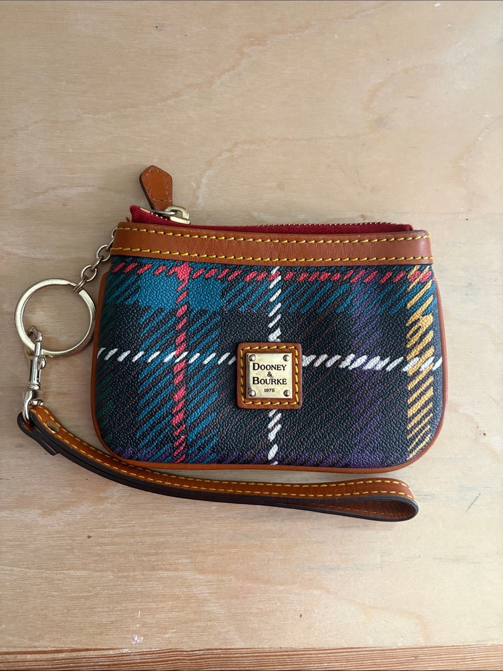 Dooney & Bourke Plaid Wristlet Key/Card Pouch - Teal, Red, Yellow, Black